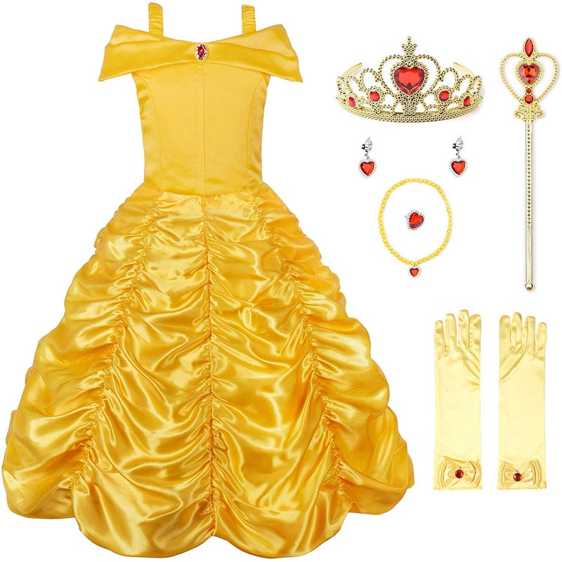 JerrisApparel Princess Dress Off Shoulder Layered Costume for Little Girl (9-10 Years, Yellow with Accessories) - Image 1